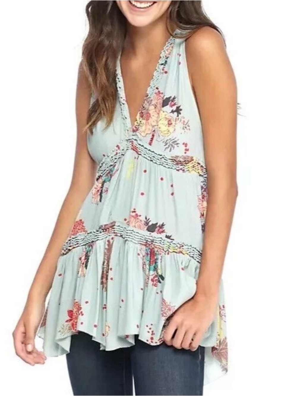 Free People Blue Haze Floral Sleeveless Tiered Tunic Blouse Tank Top V-Neck Sz S - Picture 11 of 11